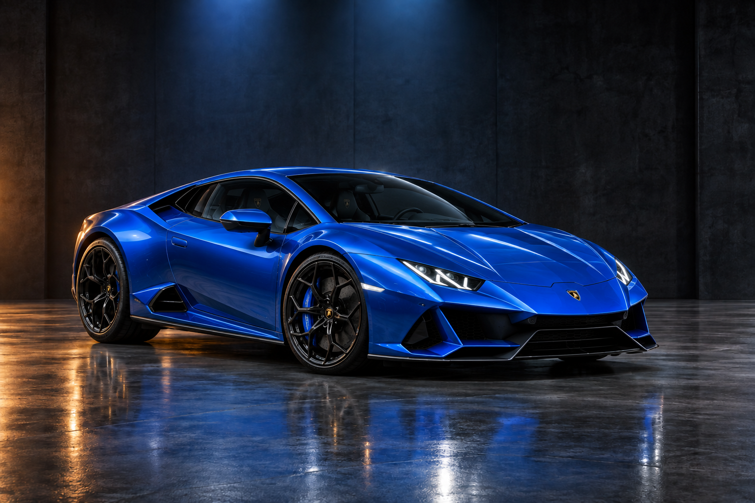 Lamborghini azul eléctrico bajo iluminación de estudio, imagen ilustrativa